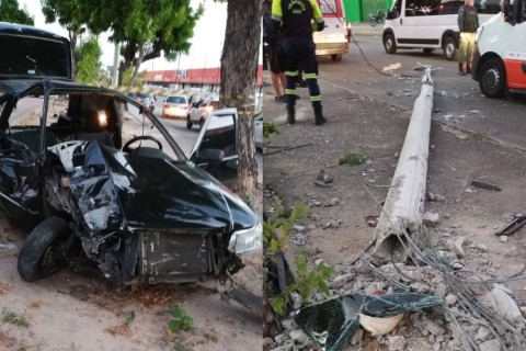Duas passageiras ficam feridas após motorista perder controle de carro e bater contra árvore e poste, em Fortaleza-CE