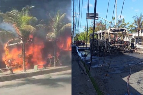 Incêndio destrói ônibus no bairro Conjunto Ceará, em Fortaleza-CE