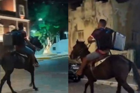 Pizzaria no Ceará faz delivery com entregador montado a cavalo
